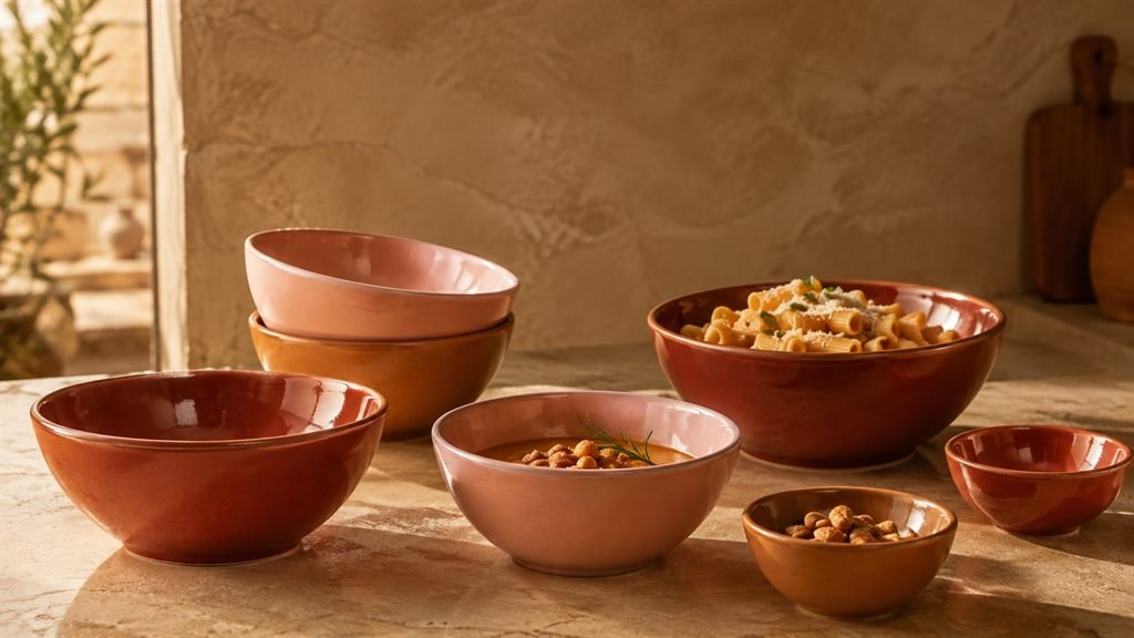Terracotta, blush and amber Verllage stoneware bowls stacked on a marble kitchen counter