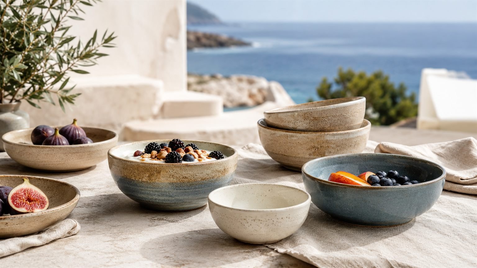 Mist blue and cream Verllage stoneware bowls with figs and berries on a sunlit coastal terrace