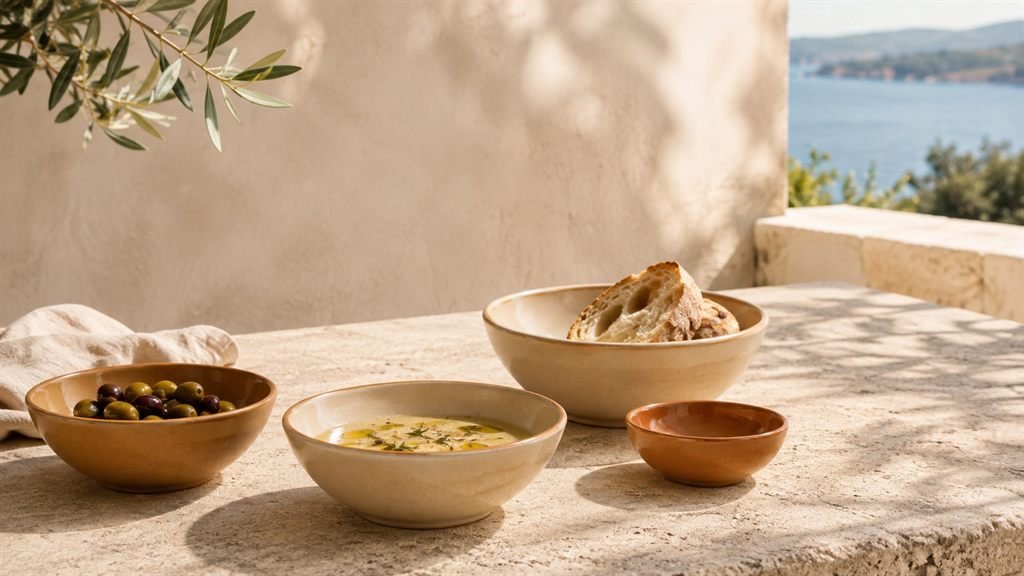 Warm sand and amber Verllage stoneware bowls with olives and bread on a stone terrace table