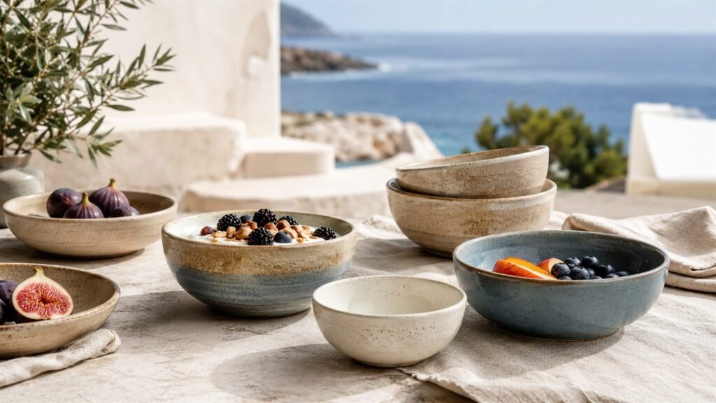 Mist blue and cream Verllage stoneware bowls with figs and berries on a sunlit coastal terrace