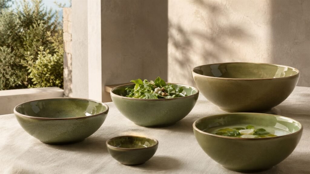 Sage green Verllage stoneware bowls with salad and soup on a linen table in soft evening light